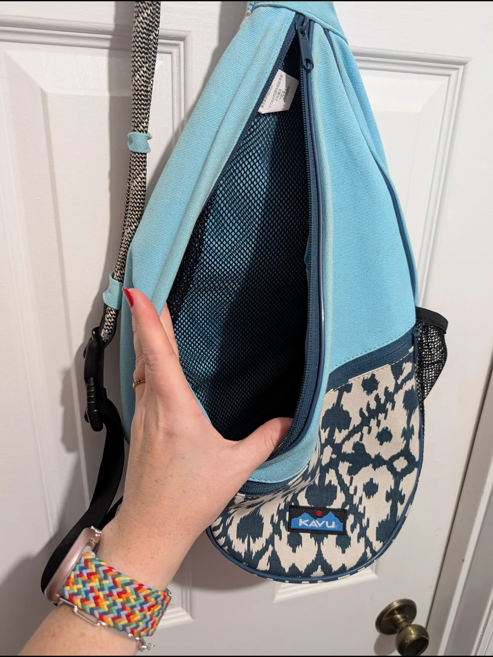 KAVU Women’s Light Blue Sling Bag with Patterned Front